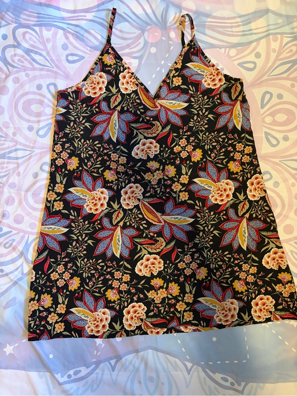 Floral Boho style Black V-Neck Slip Dress